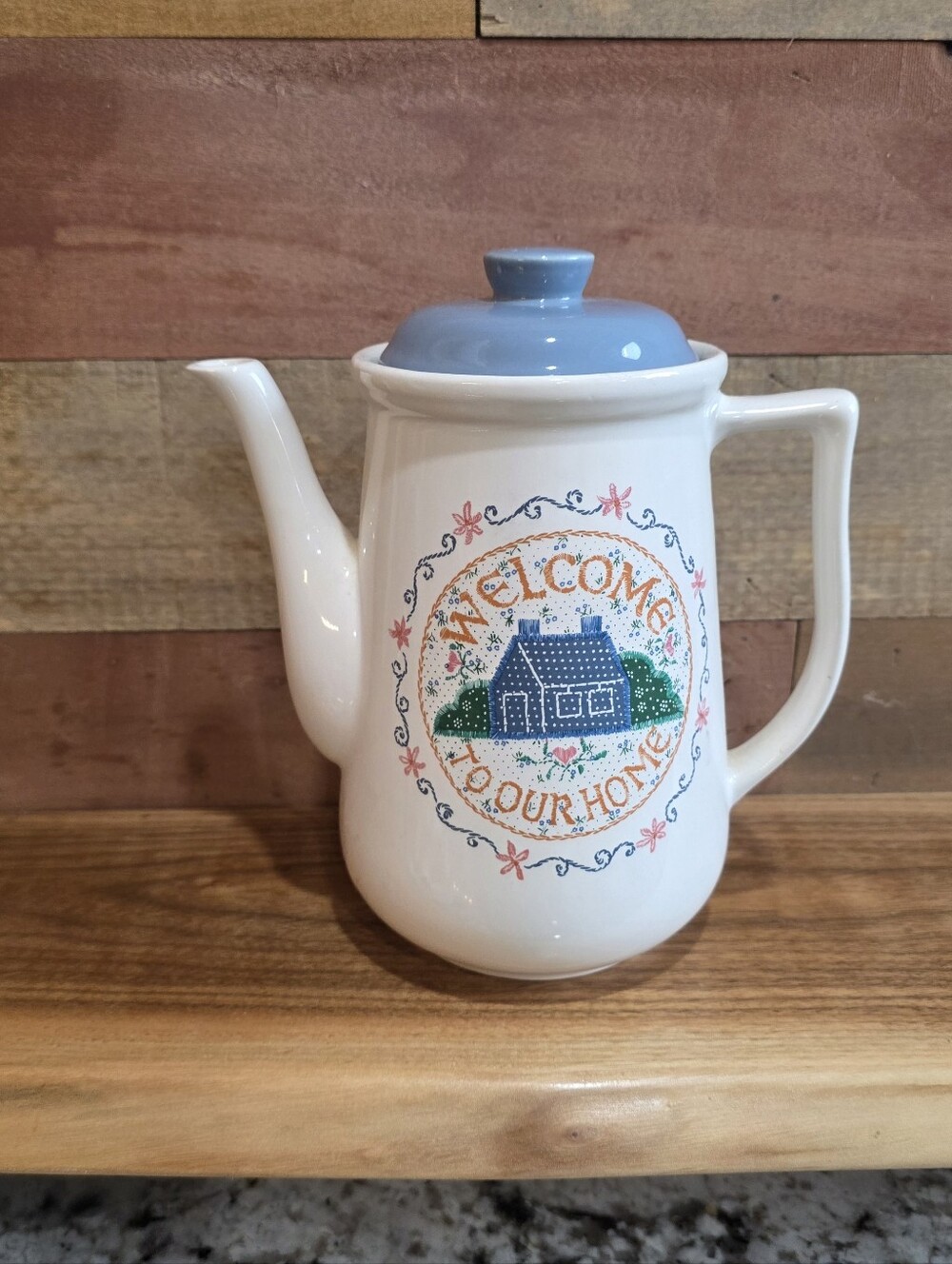 Blue-Top Ceramic 'Welcome to Our Home' Coffee Pot